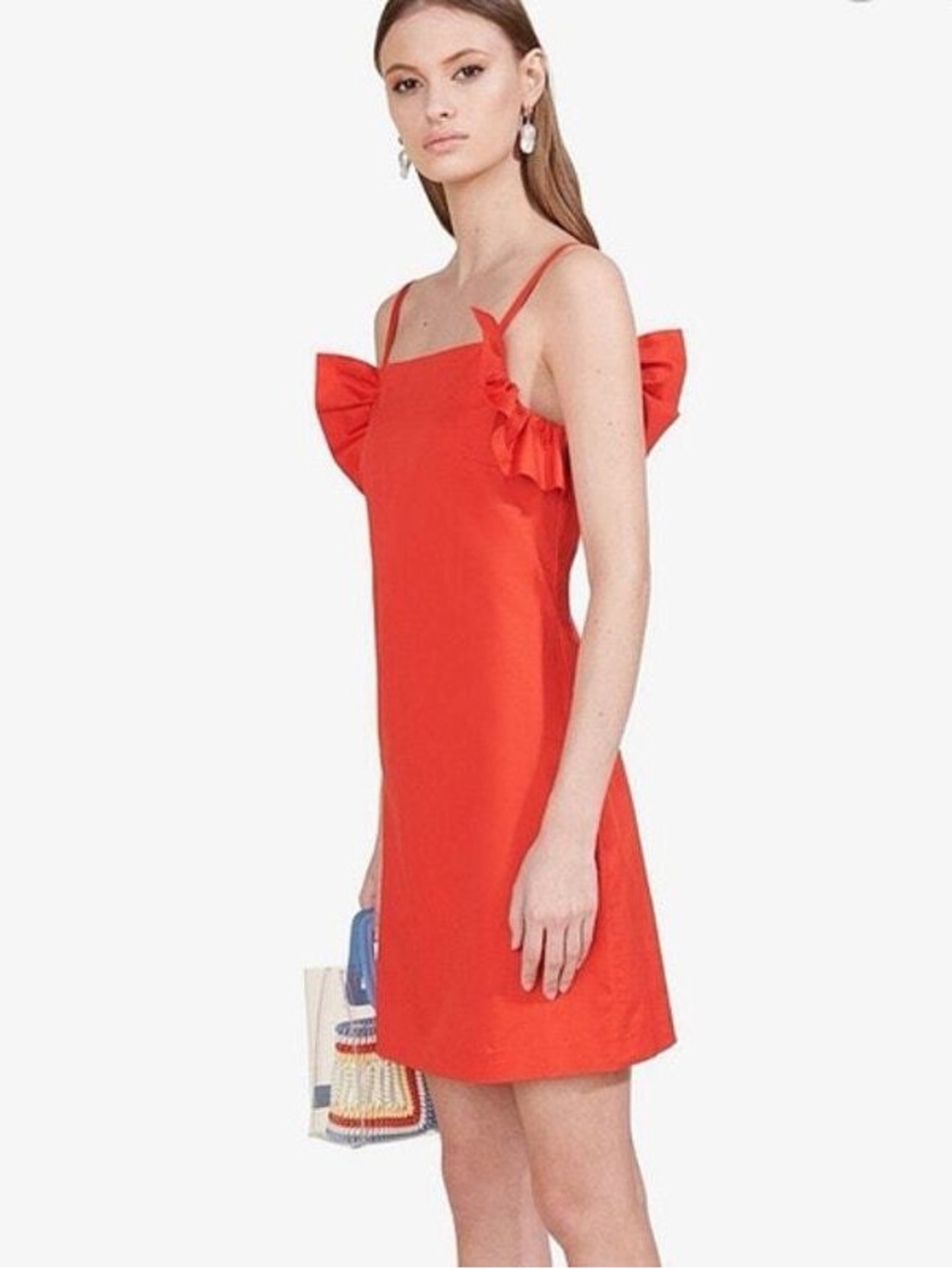 STAUD Red Ruffle-Shoulder Mini Dress